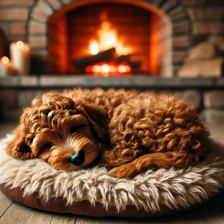 A realistic brown Goldendoodle puppy curled up on a fluffy dog bed near a fireplace