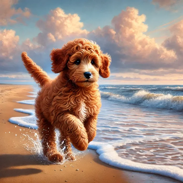 A realistic red Goldendoodle puppy running along a sandy beach, splashing in the shallow waves.