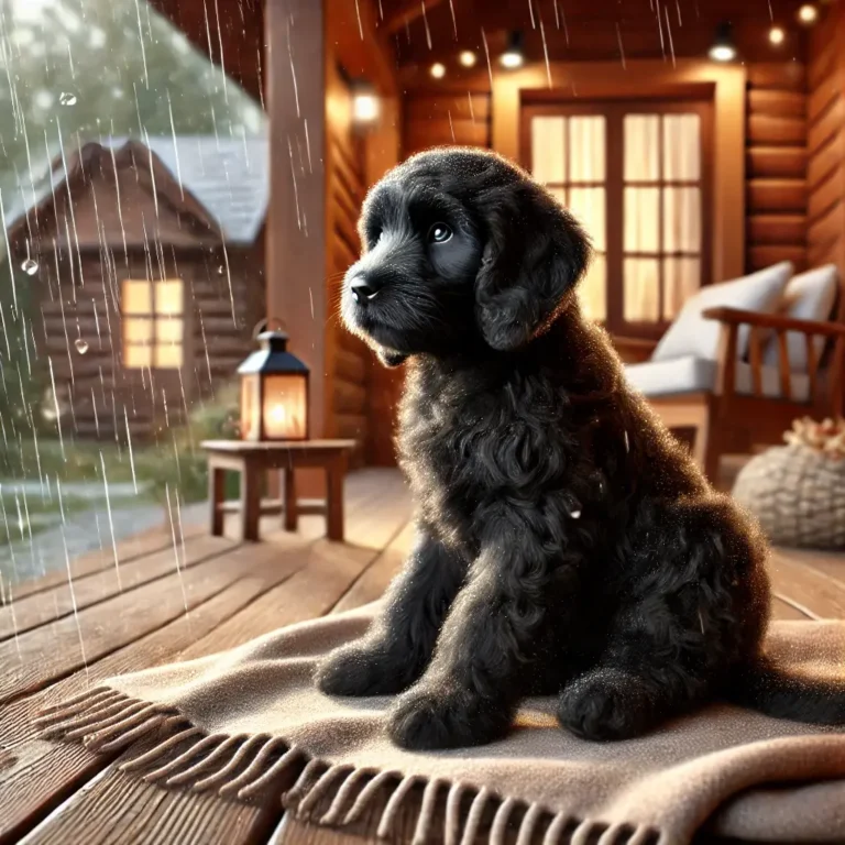 A realistic black Goldendoodle puppy sitting on a wooden porch, watching raindrops fall.