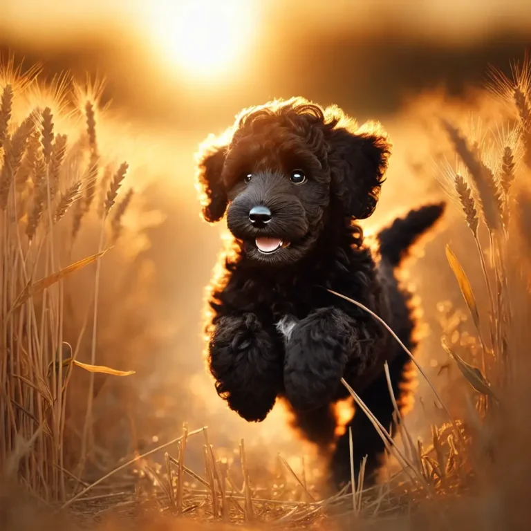 A realistic black miniature Goldendoodle puppy running through a field of tall golden wheat at sunset.