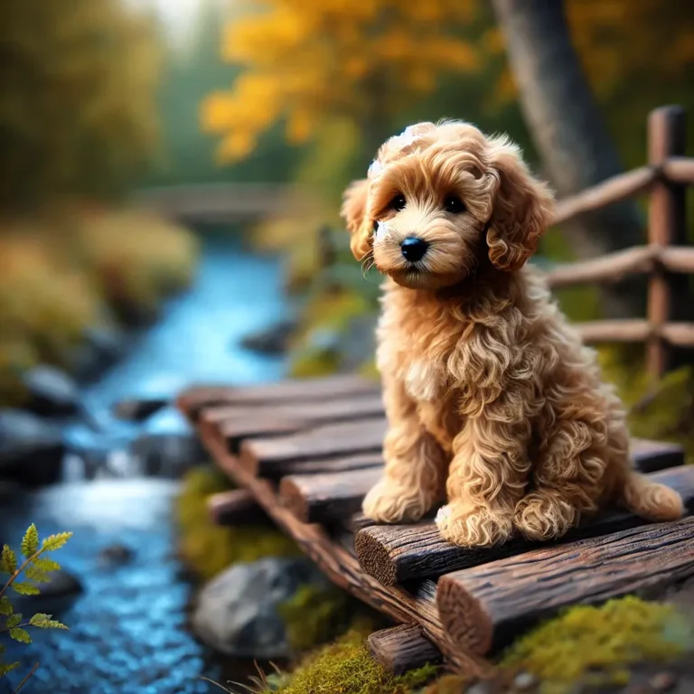 A realistic miniature Goldendoodle puppy sitting on a rustic wooden bridge over a small creek