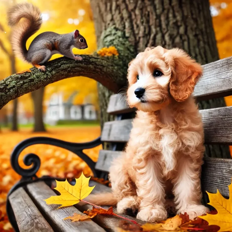 A realistic mini Goldendoodle puppy sitting on a park bench in autumn, surrounded by golden fallen leaves