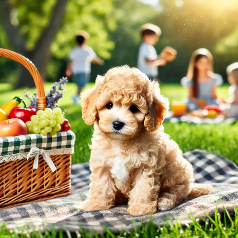 A realistic teacup mini Goldendoodle puppy sitting on a picnic blanket in a sunny park.