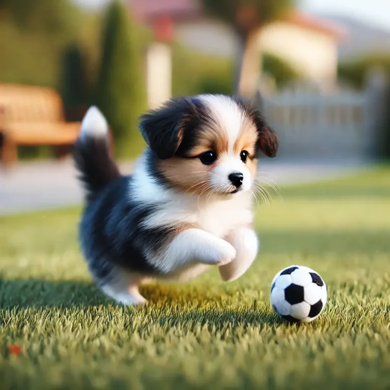 A realistic Border Collie Chihuahua mix puppy playing in a grassy park.