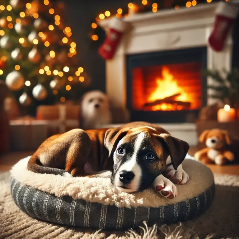 A realistic Border Collie Pitbull mix puppy curled up on a soft dog bed near a glowing fireplace.