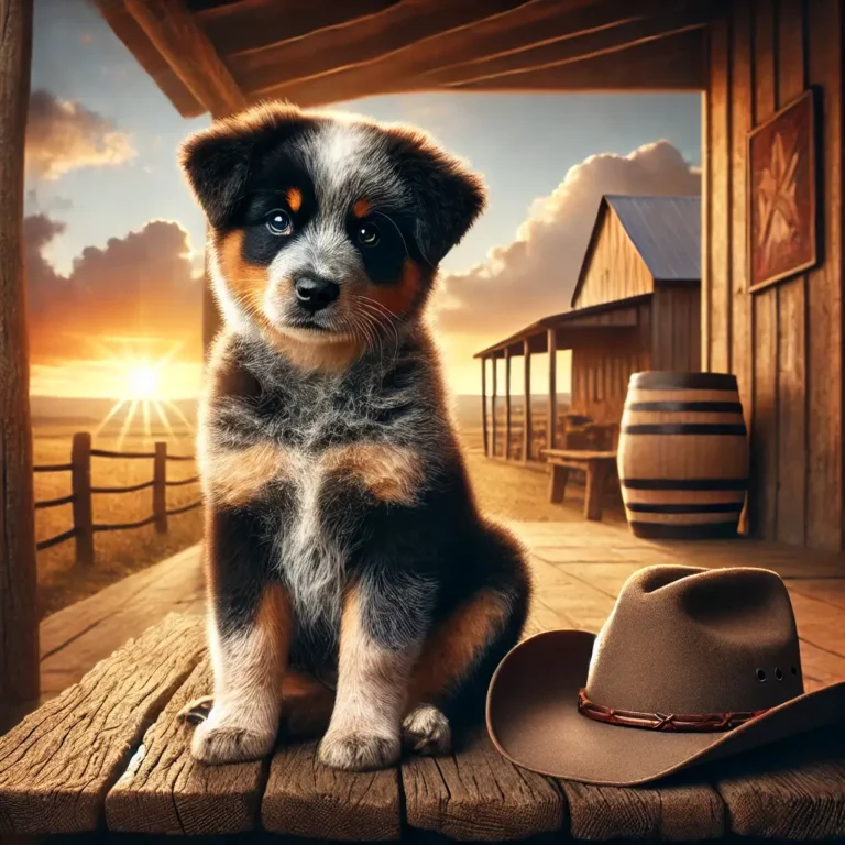 A realistic Australian Blue Heeler Border Collie mix puppy sitting on a rustic wooden porch