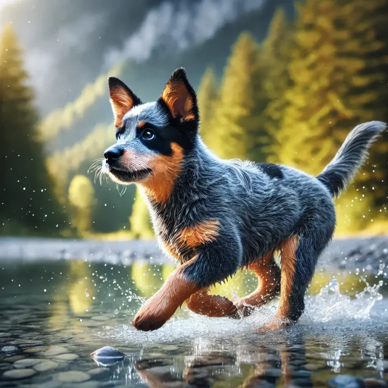 A realistic Australian Cattle Dog Blue Heeler Border Collie mix puppy running along the edge of a clear mountain stream