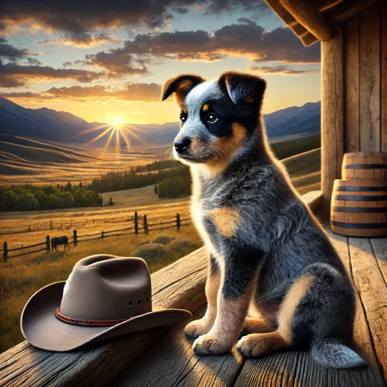 A realistic Blue Heeler Border Collie mix puppy sitting on a wooden porch, watching the sunset over a scenic valley.