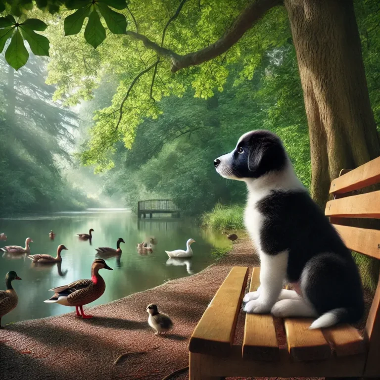 A realistic Lab Border Collie Husky mix puppy sitting on a park bench, watching ducks swim in a peaceful pond.