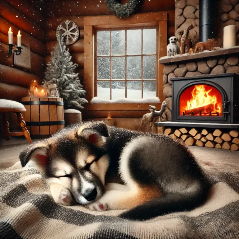 A realistic German Shepherd Husky Border Collie mix puppy curled up in front of a fireplace inside a cozy cabin.