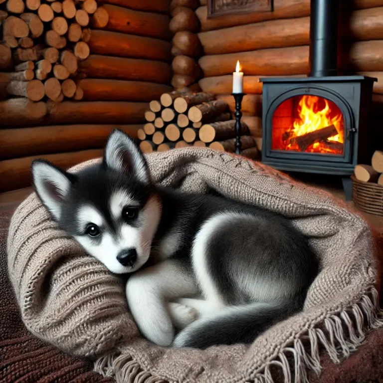 A realistic Siberian Husky Border Collie mix puppy curled up inside a cozy log cabin, resting on a thick knitted blanket.