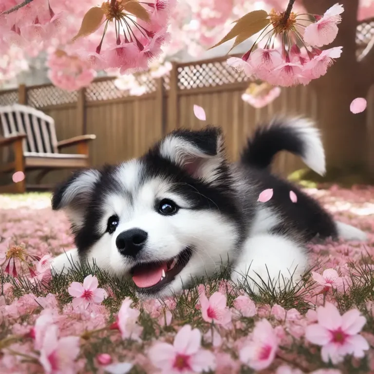 A realistic Border Collie Husky mix puppy playing in a backyard filled with fallen cherry blossoms.