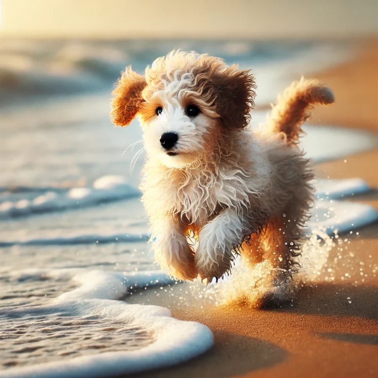 A realistic Border Collie Poodle mix puppy running along a sandy beach, splashing through the shallow waves.