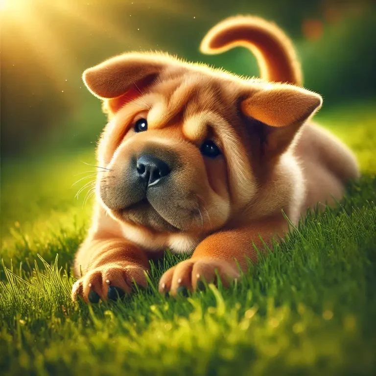 A realistic Shar Pei Cocker Spaniel mix puppy playing in a lush green meadow, rolling in the soft grass.