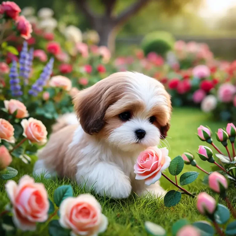 A realistic Shih Tzu and Cocker Spaniel mix puppy playing in a garden full of blooming roses.