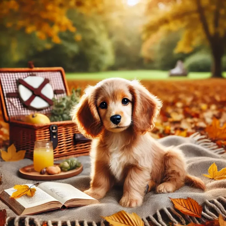 A realistic Cocker Spaniel Dachshund mix puppy sitting on a cozy blanket in a park during autumn