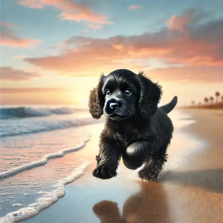 A realistic black Mini Cocker Spaniel puppy running along a sandy beach at sunset, splashing in the shallow waves.
