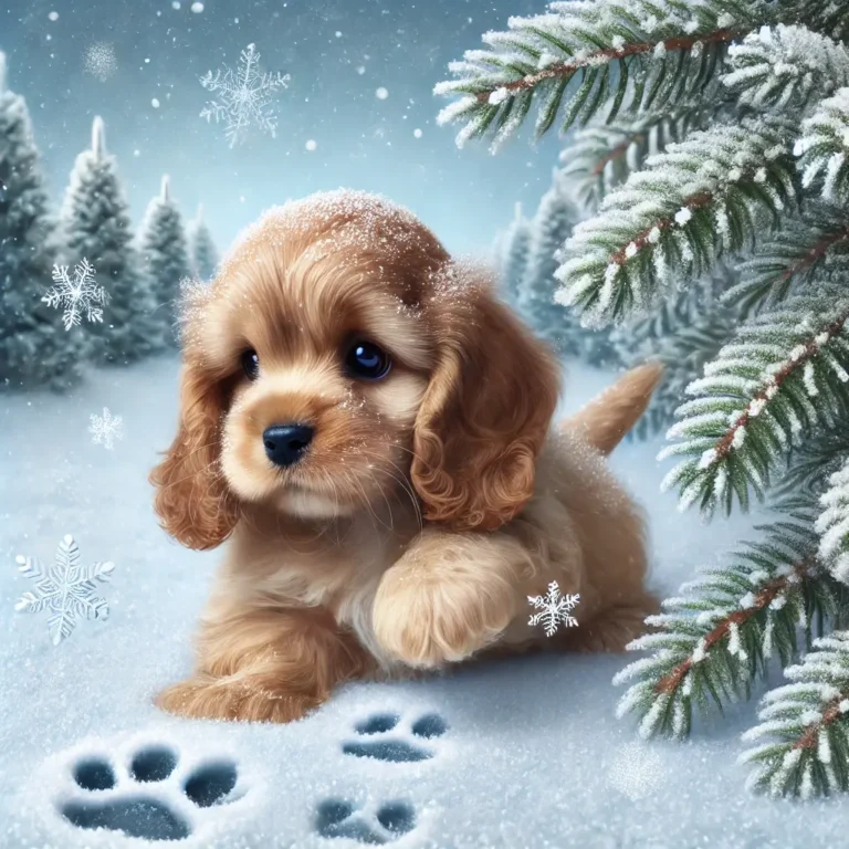 A realistic Mini English Cocker Spaniel puppy playing in the snow, leaving tiny paw prints behind.