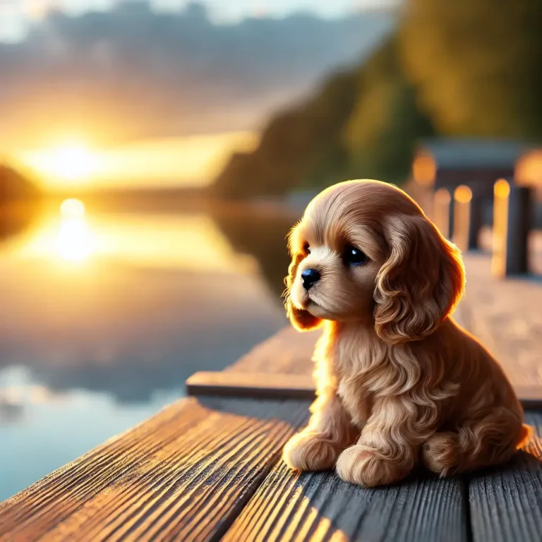 A realistic Mini Cocker Spaniel puppy sitting on a wooden dock, watching the calm lake during sunset.