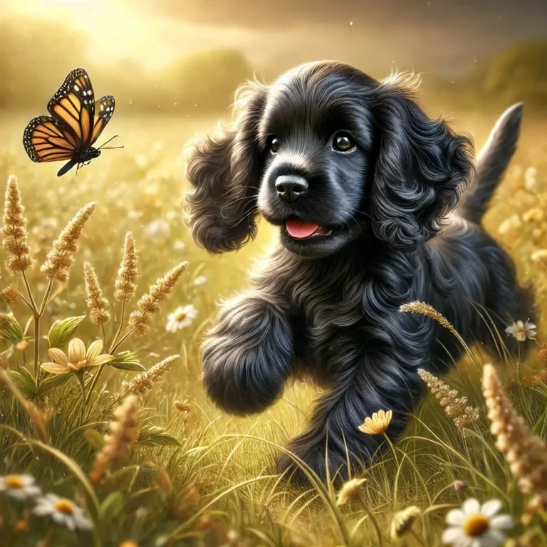 A realistic black Cocker Spaniel puppy playing in a field of wildflowers.