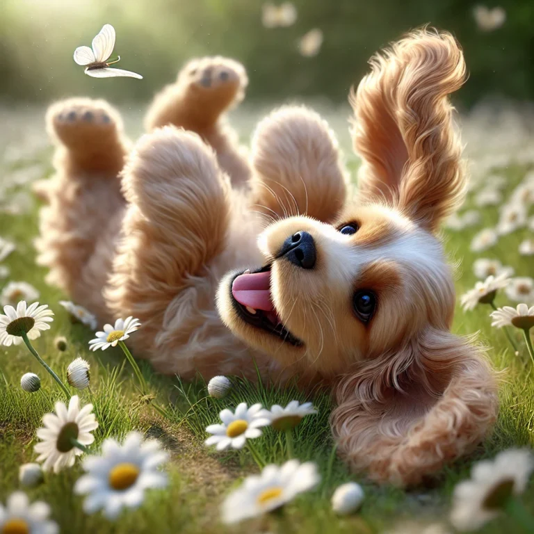 A realistic American Cocker Spaniel puppy playing in a field of daisies