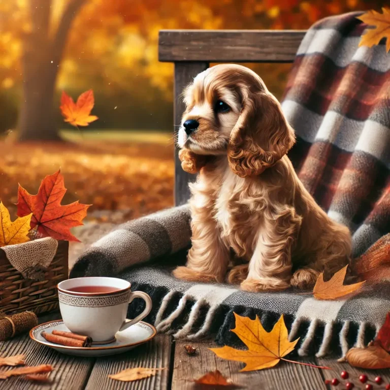 A realistic American Cocker Spaniel puppy sitting on a wooden porch, watching the autumn leaves fall.