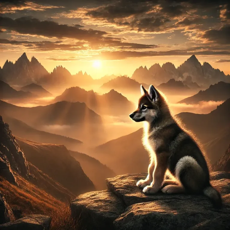 A realistic Russian Wolf Dog puppy sitting on a rocky cliff, gazing at the vast mountains covered in mist.