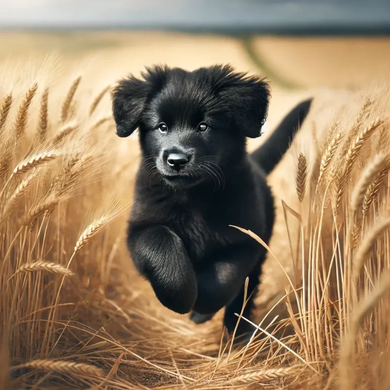 A realistic Russian Black Dog puppy running through a field of golden wheat