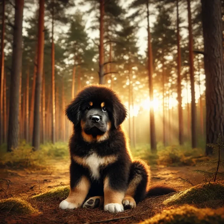 A realistic Tibetan Mastiff Russian Guard Dog puppy sitting in a forest clearing, surrounded by tall pine trees.