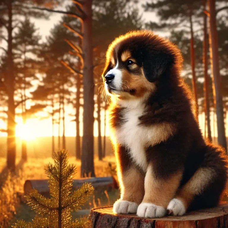 A realistic Russian Siberian Mountain Dog puppy sitting in a pine forest, watching the sunrise through the trees.