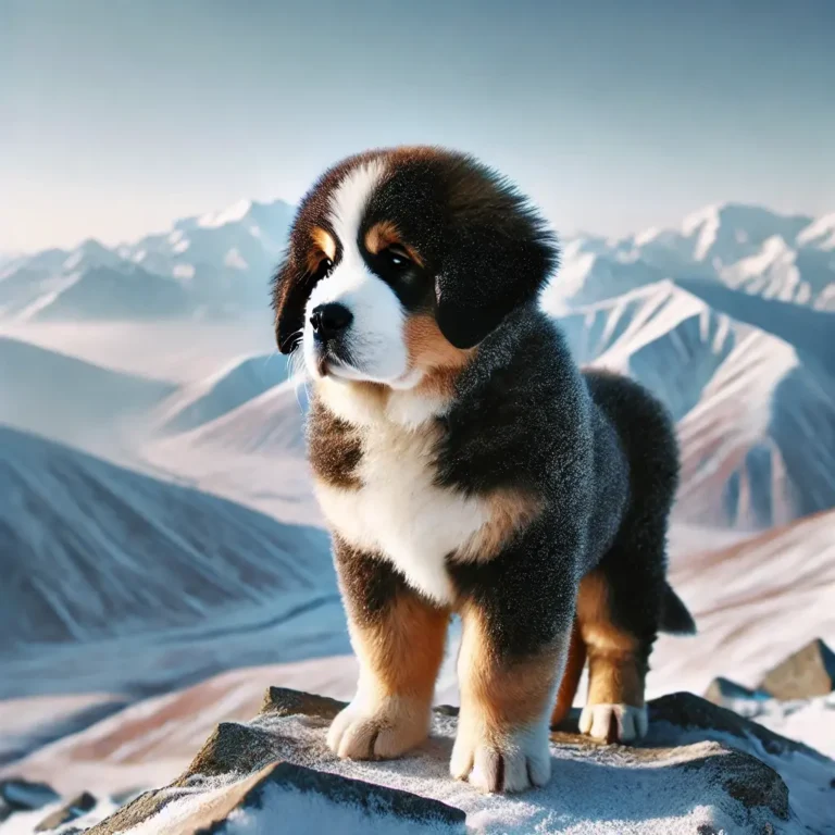 A realistic Russian Caucasian Mountain Dog puppy standing on a snowy peak