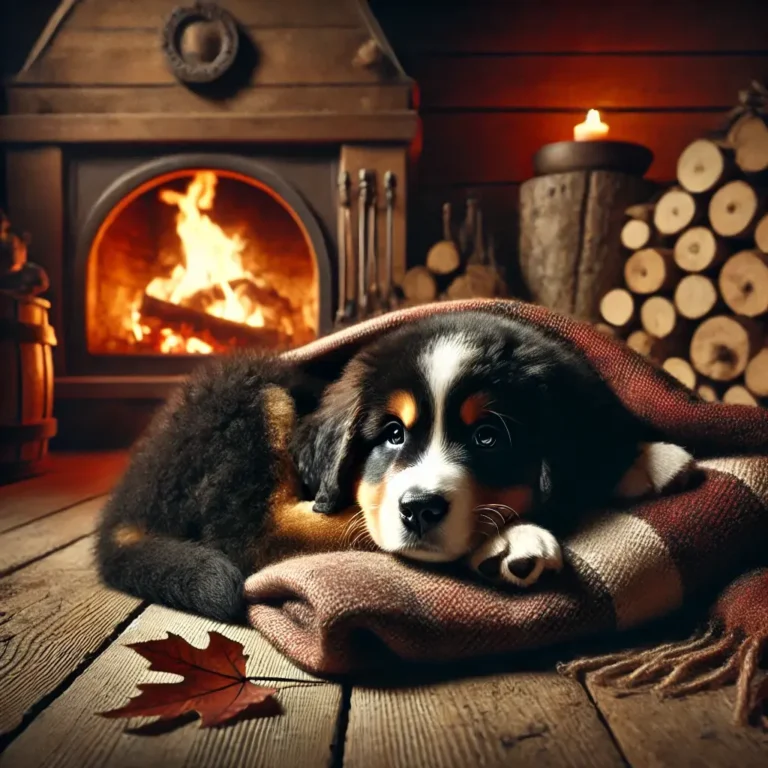 A realistic Russian Mountain Dog puppy curled up by a fireplace inside a wooden lodge