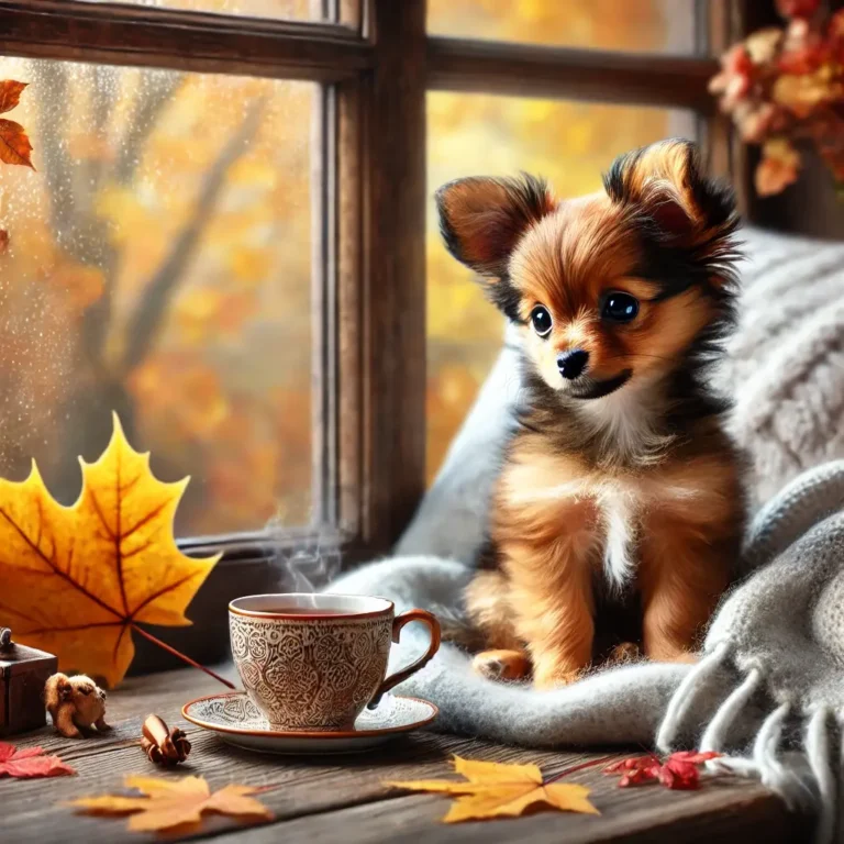 A realistic Russian Toy Terrier puppy sitting on a cozy window seat, gazing outside at the falling autumn leaves.