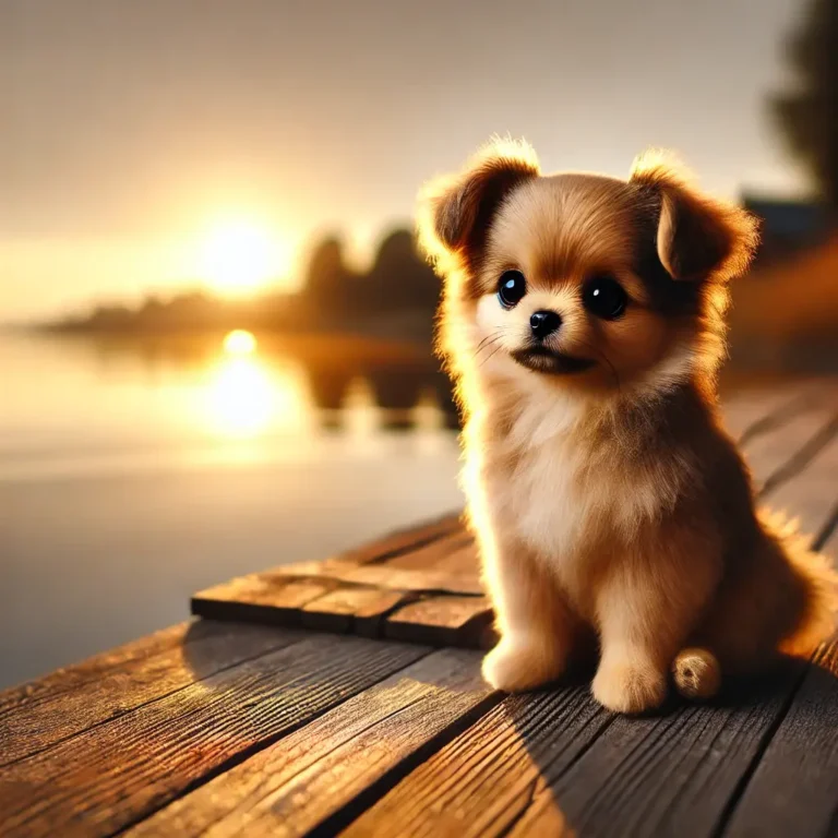 A realistic Russian Toy puppy sitting on a wooden deck overlooking a peaceful lake at sunset.