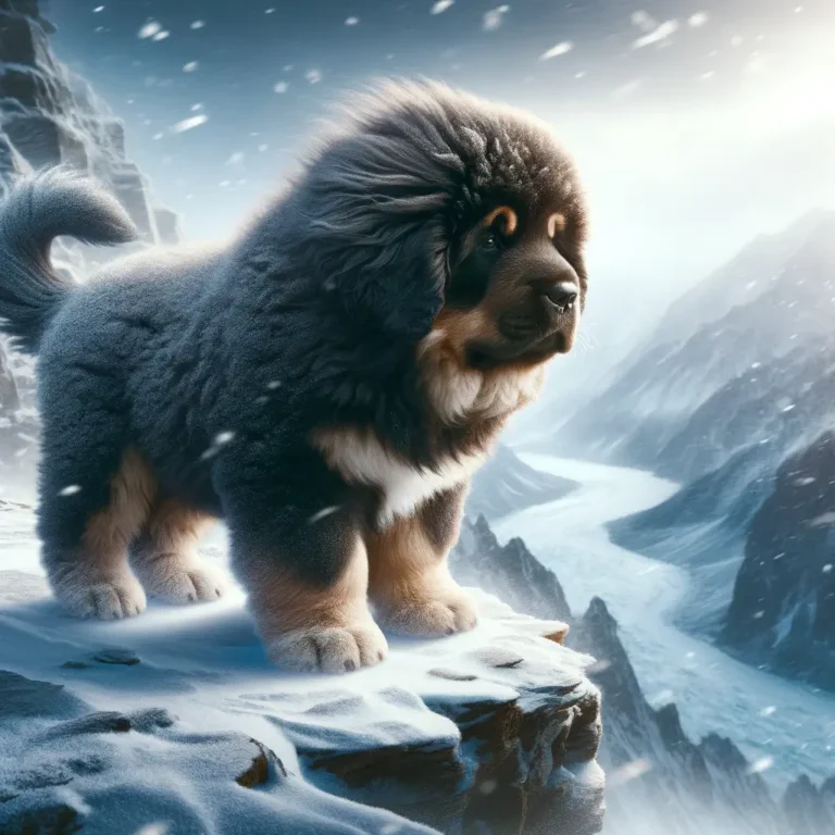 A realistic Tibetan Mastiff Russian Bear Dog puppy standing on a snowy mountain ledge