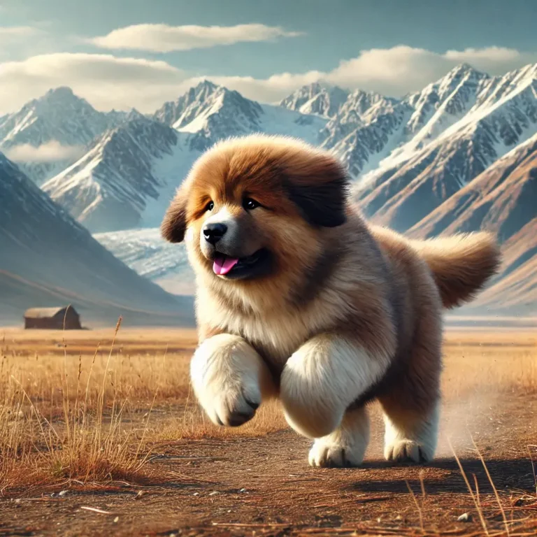 A realistic Giant Russian Bear Dog puppy running through an open valley, its fluffy coat bouncing as it moves.