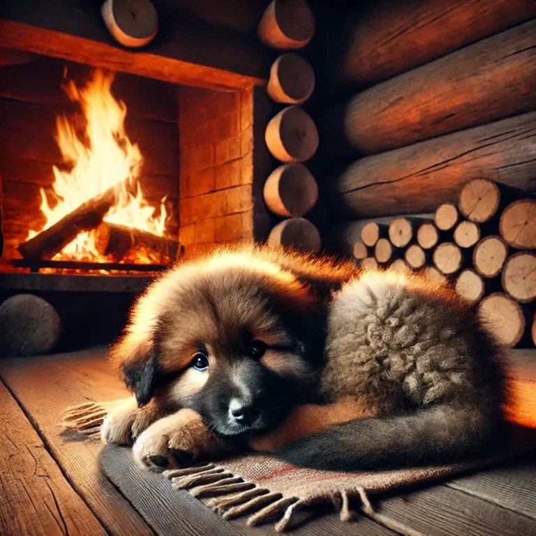 A realistic Russian Bear Hunting Dog puppy curled up near a roaring fireplace inside a wooden hunting lodge.