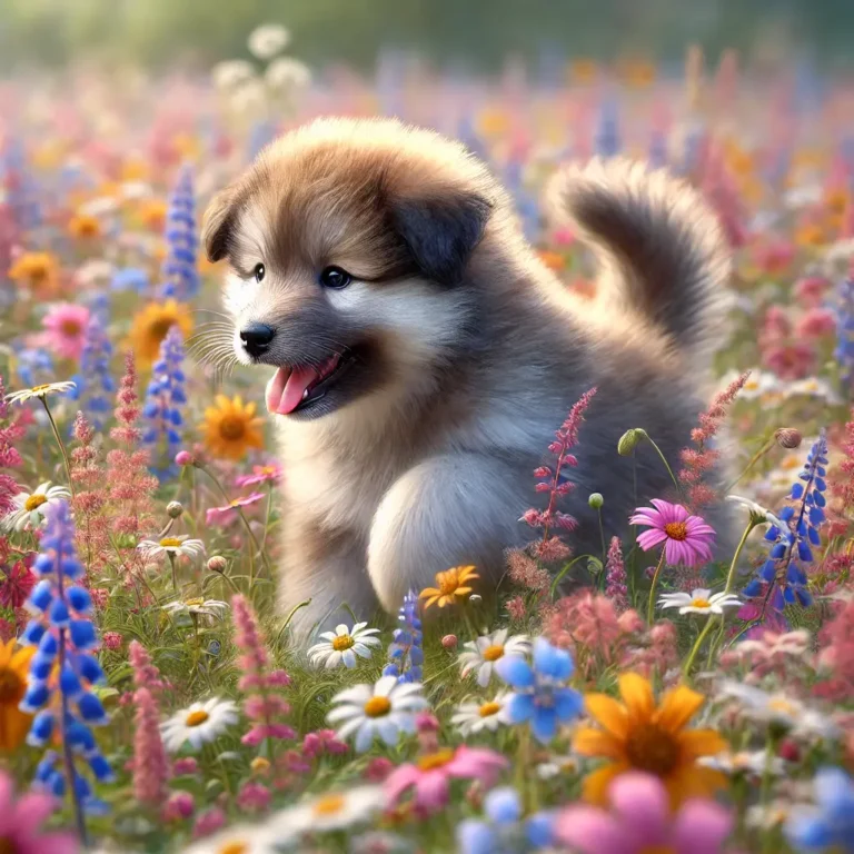A realistic Russian Dog puppy playing in a field of wildflowers, its fluffy fur bouncing as it joyfully explores the vibrant colors.