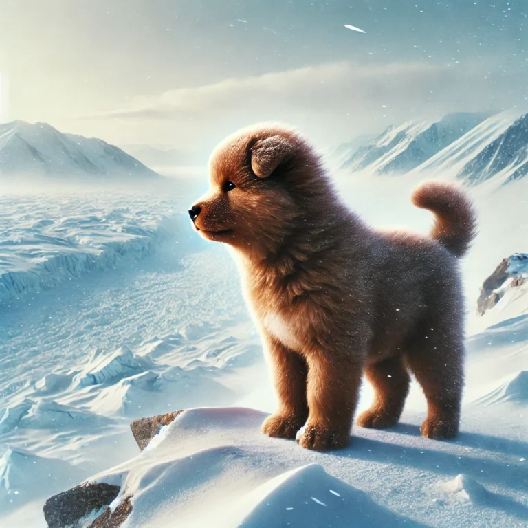 A realistic Russian Bear Dog puppy standing on a snow-covered mountain ridge