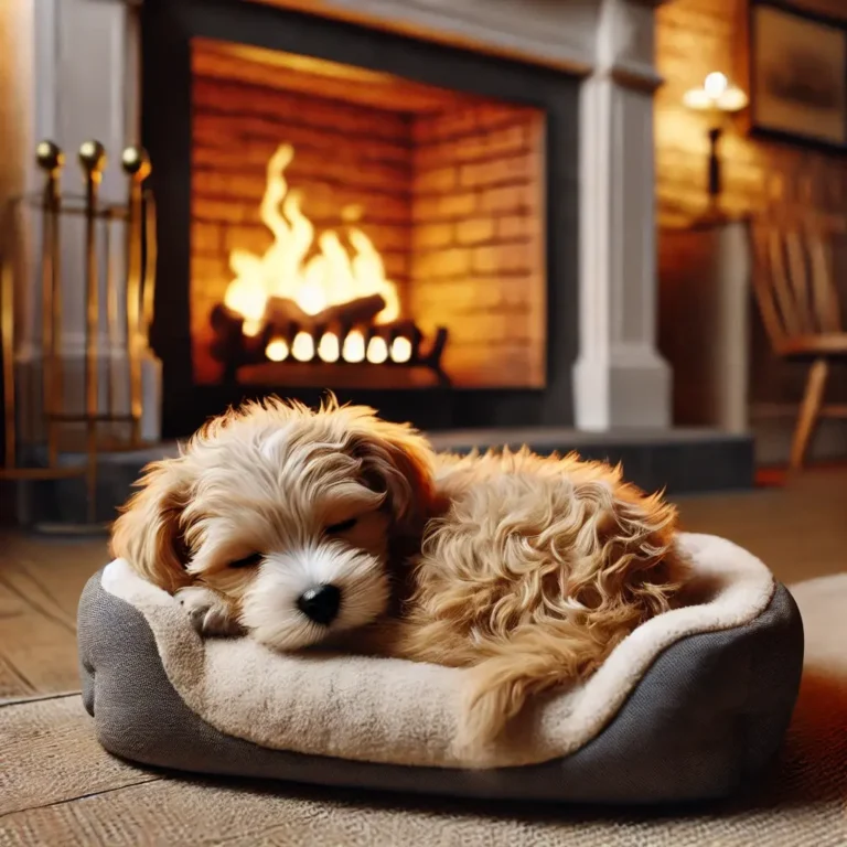 A realistic Maltese Mix Pitbull puppy curled up inside a cozy living room, resting on a plush dog bed near a fireplace.