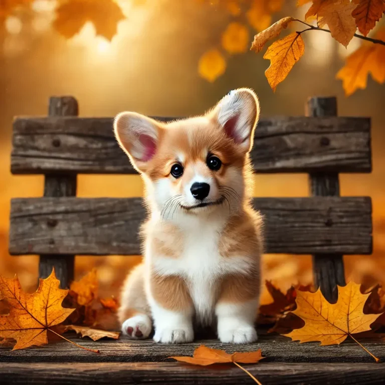 A realistic Corgi Maltese Mix puppy sitting on a rustic wooden bench in a park, surrounded by autumn leaves.