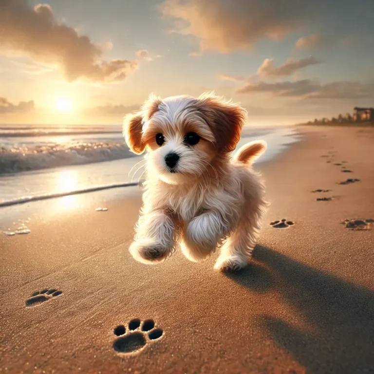 A realistic Cavalier Maltese Mix puppy running along the sandy beach, leaving tiny paw prints in the wet sand.