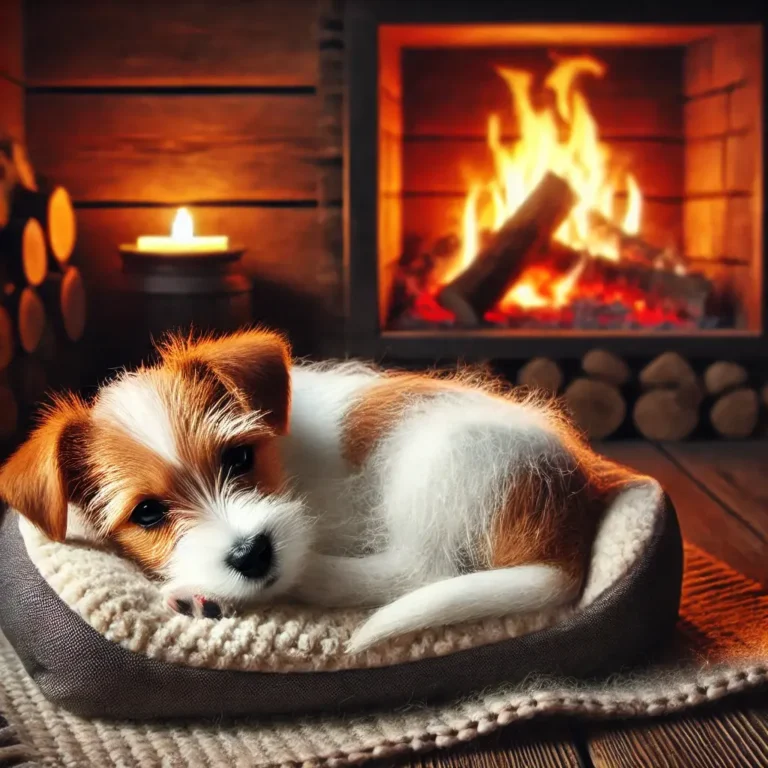 A realistic Jack Russell Maltese Mix puppy curled up inside a cozy cabin, resting on a plush dog bed near a glowing fireplace.