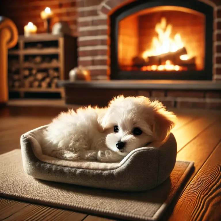 A realistic Maltese Mix Bichon puppy curled up inside a cozy living room, resting on a soft dog bed near a glowing fireplace.