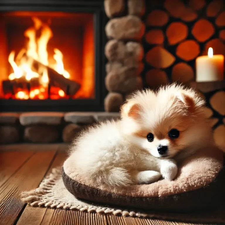 A realistic Maltese Mix Pomeranian puppy curled up beside a fireplace in a cozy cabin
