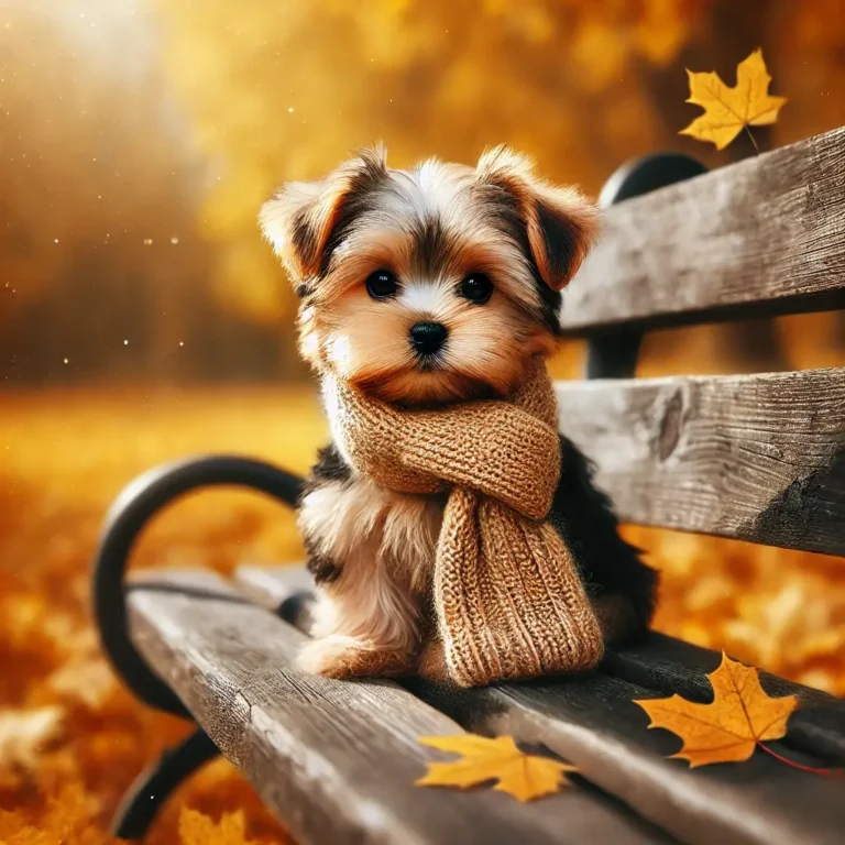 A realistic Yorkshire Terrier Maltese Mix puppy sitting on a wooden park bench, wrapped in a tiny knitted scarf.