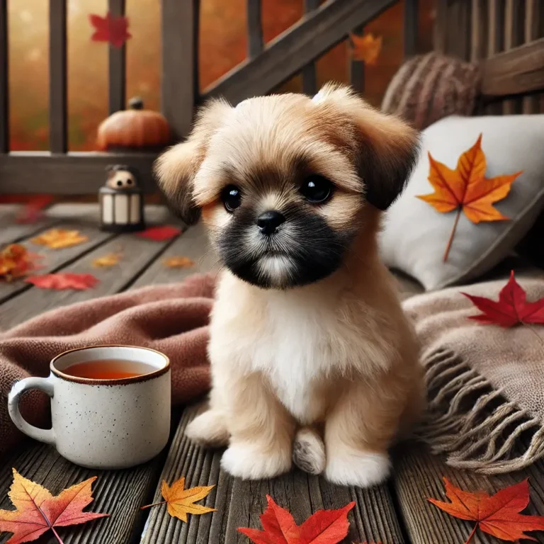 A realistic Shih Tzu Pug Mix puppy sitting on a wooden deck, watching the autumn leaves fall.