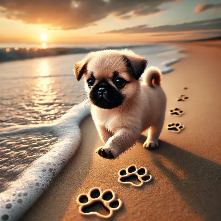 A realistic Pug Husky Mix puppy running along a sandy beach, leaving tiny paw prints in the wet sand.