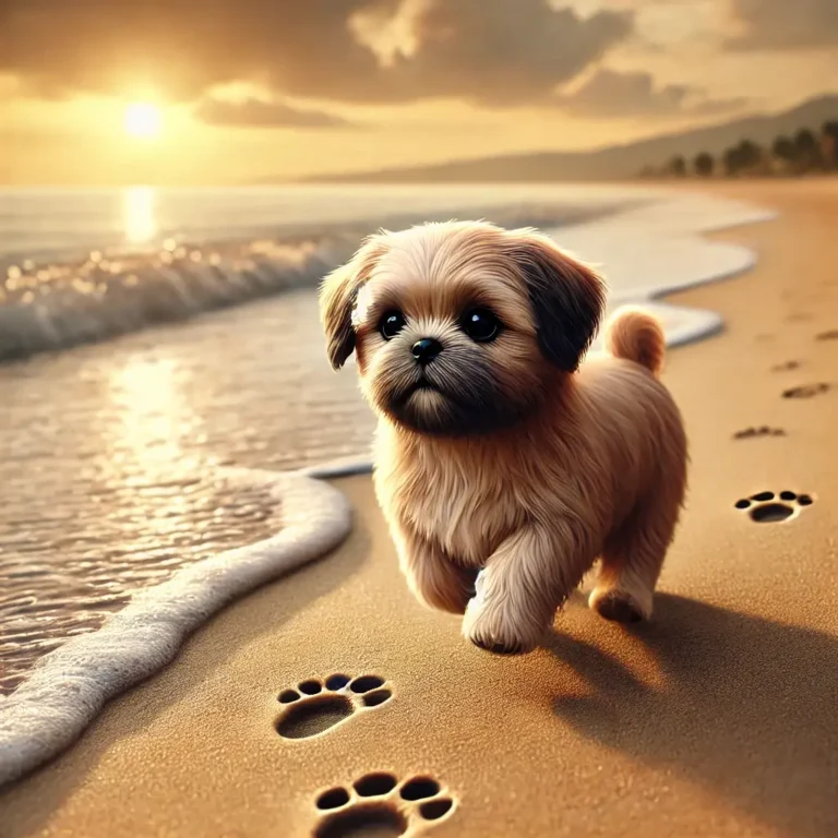 A realistic Shih Tzu Pug Mix puppy running along the shoreline of a beach, leaving tiny paw prints in the wet sand.