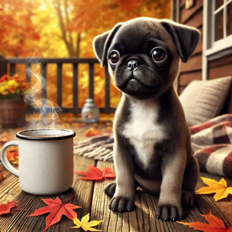 A realistic Pug Boston Terrier Mix puppy sitting on a wooden porch, watching autumn leaves fall around.